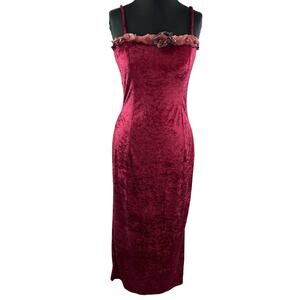 VINTAGE Lorrie Kabala Red Victorian Straight Velvet Velour Rose Maxi Dress 8